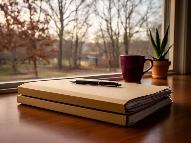 A neat stack of closed manila folders and a pen on a desk by a window.